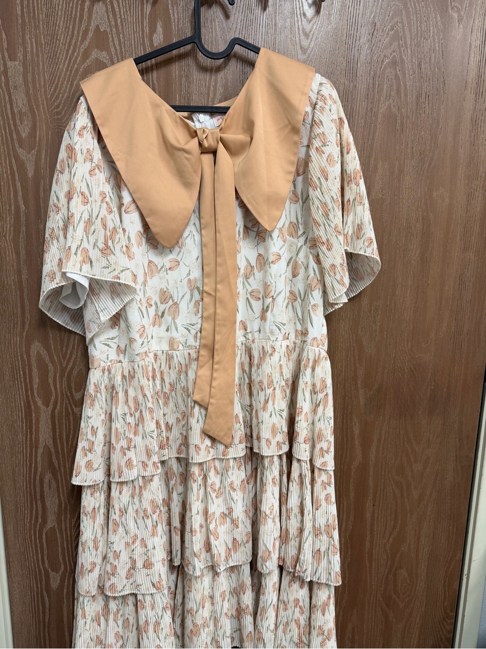 Cream Floral Tiered Dress with Tan Bow Collar-see description